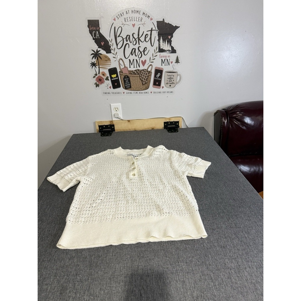 Sonoma Goods For Life White Open-Knit Collared Short Sleeve Pullover Sweater M